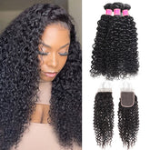 Brazilian Virgin Hair Curly Wave Human Hair 3 Bundles with 4x4 Lace Closure